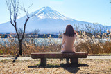 alone girl on chair see view sightseeing Fuji mountain lake views kawaguchiko Japan