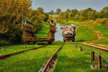 Ships in inland navigation on the Elbląg Canal, Poland