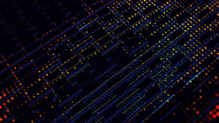 Abstraction illustration binary code strings are processed by the computer's motherboard. Background from lines of binary code. Background with depth of field and bokeh. 3d rendering