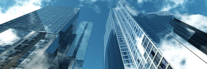 Nice view of the skyscrapers against the sky with clouds, 3d rendering 	