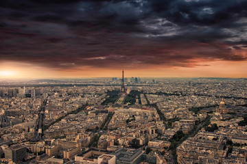 Paris cityscape sunet viewed from Montparnasse tower
