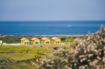 Bright yellow houses on the island of Udo on the background of green fields and blue sea, a trip to South Korea, a beautiful landscape
