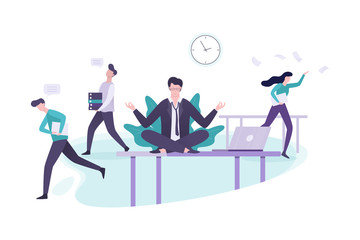 Businessman sitting on the table in lotus pose during deadline