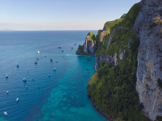 Aerial view of the coast of the island, rocks and blue ocean