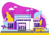 School building in modern flat style. Trendy school, college building on city street background, with bus and front yard.