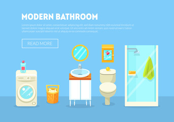 Modern Bathroom Interior Banner Template with Furniture and Accessories Vector Illustration