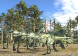 Dinosaurs 3d illustration against the background of the Mesozoic Forest