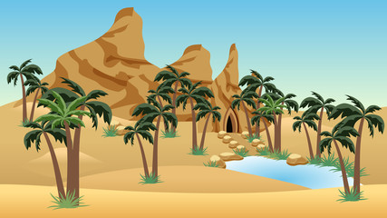 Desert landscape scene with oasis for cartoon or game background