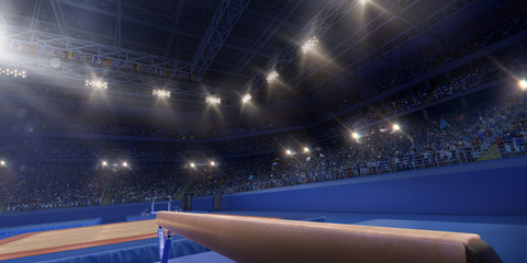 Professional gymnastic gym with balance beam. Tribunes with fans. 3D illustration
