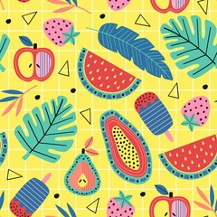 seamless pattern with fruit and plants on yellow background  - vector illustration, eps