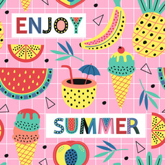 seamless pattern with summer fruit and ice cream  - vector illustration, eps