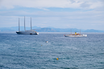 CORFU, GREECE - AUGUST 16, 2018: Sailing yacht A is a launched in 2015. World's Largest Sailing Yacht.