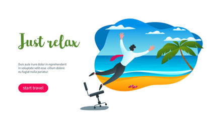 Man jumps from office to ocean shore. Just relax concept. Modern vector illustration