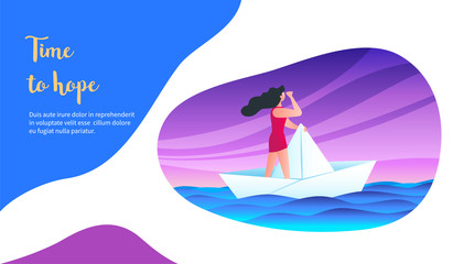 Girl sailing on a paper ship. Time to hope concept. Modern vector illustration