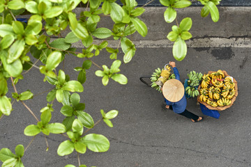 Person in asian bamboo hat walking with bananas on bike outdoors