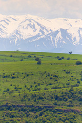 Snowy peaks of mountains in spring in Kazakhstan