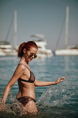 Vintage Bikini girl on the beach. woman in bikini on the beach on Adriatic Sea