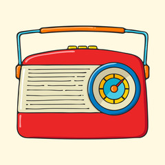 Retro portable radio hand drawn pop art style illustration.