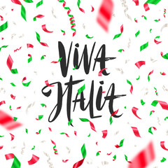 Italian republic day vector illustration. Brush lettering greeting and confetti in color of Italian national flag.
