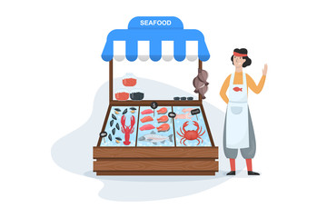 Fish market concept. Seafood in ice. Salmon and tuna