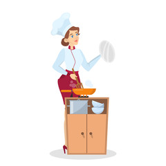 Restaurant chef cooking. Woman in apron making tasty dish