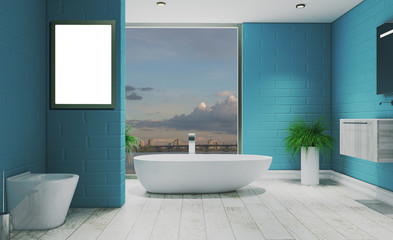 Bathroom in turquoise tones. Room with large windows. Modern design.. 3D rendering.Blank paintings.  Mockup.