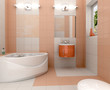 3D rendering of a modern bathroom with in white and orange