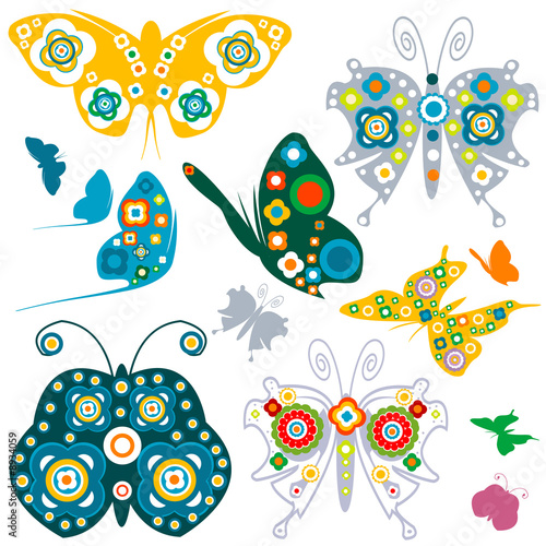  retro elements, flowers and butterflies
