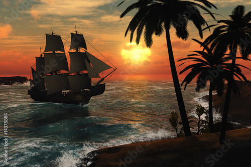 Fototapeta Tall Ship in Tropical Sunset