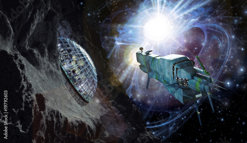 Fototapeta spaceship and asteroid