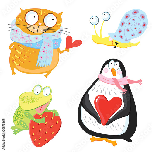  Funny animals. Vector illustration. Cat, snail, penguin, frog