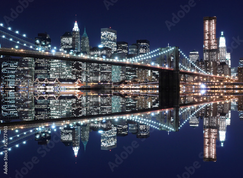  Brooklyn Bridge and Manhattan Skyline At Night, New York City