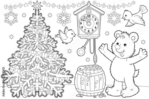 Fototapeta Christmas tree and bear-cub with a cask of honey