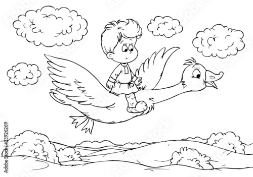 Fototapeta Little boy flying on a goose