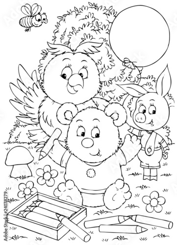  bear-cub, owlet and piglet drawing with pencils