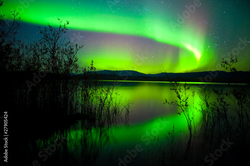 Fototapeta Northern lights mirrored on lake