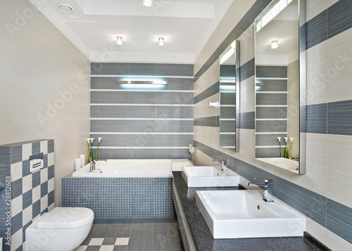Fototapeta Modern bathroom in blue and gray tones with mosaic