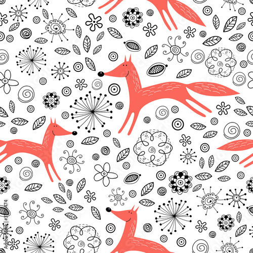 Fototapeta floral pattern with red foxes