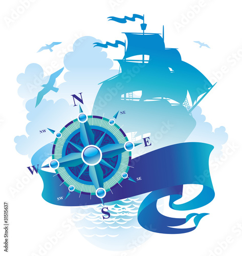Adventures illustration - compass rose  banner   sailing ship