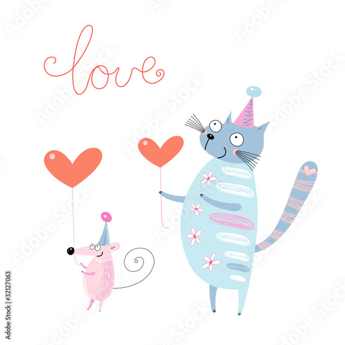  funny cat and mouse with hearts