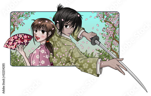 japonska-dama-i-dumni-samurajowie-tlo-sakura