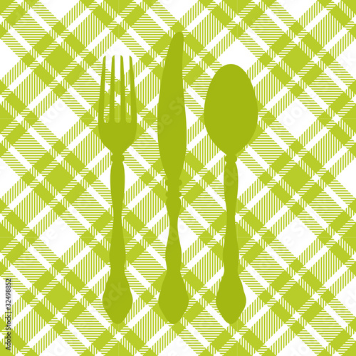  Seamless Pattern Green Check Cutlery Diagonal