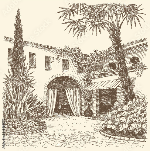 Fototapeta Vector landscape. A sketch of the eastern courtyard