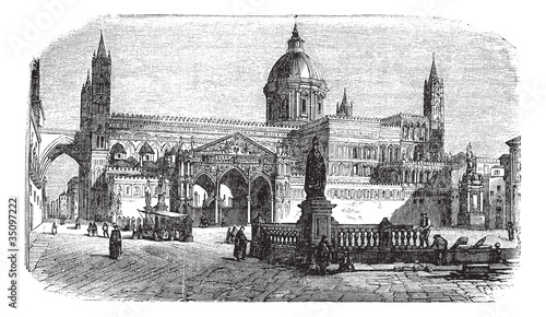 Fototapeta Cathedral of Palermo in Palermo Sicily Italy vintage engraving