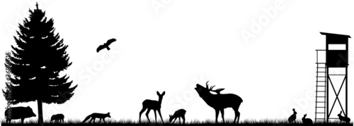 &quot;Wald Wiese Feld Hochsitz Silhouette Landschaft Tiere