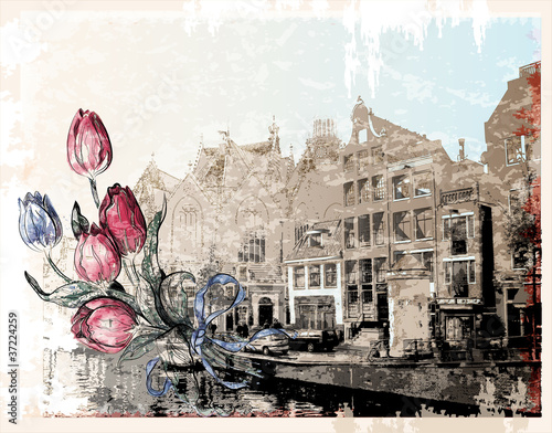  vintage illustration of Amsterdam street. Watercolor style.