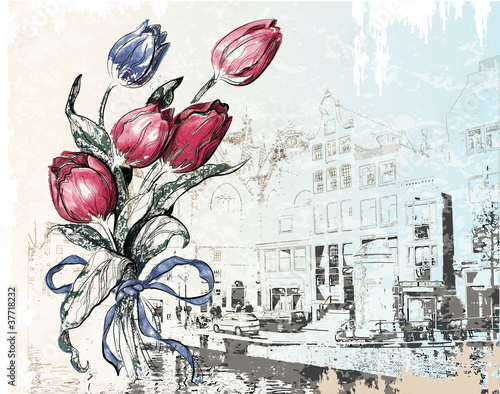 Lacobel vintage illustration of Amsterdam street and tulips. Watercolor