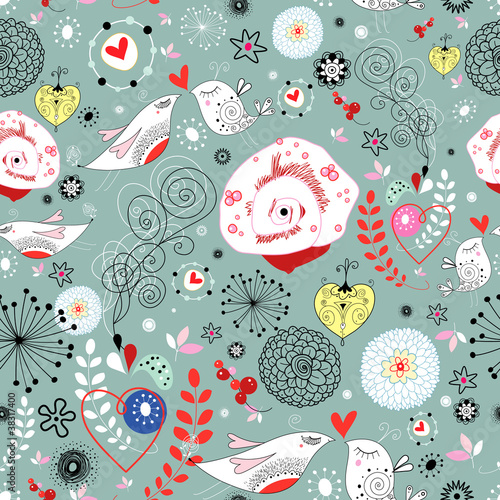  Floral pattern with birds in love
