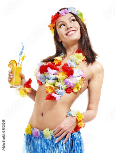  Woman in hawaii costume drink juice.