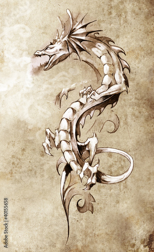 Lacobel Sketch of tattoo art, big medieval dragon, fantasy concept